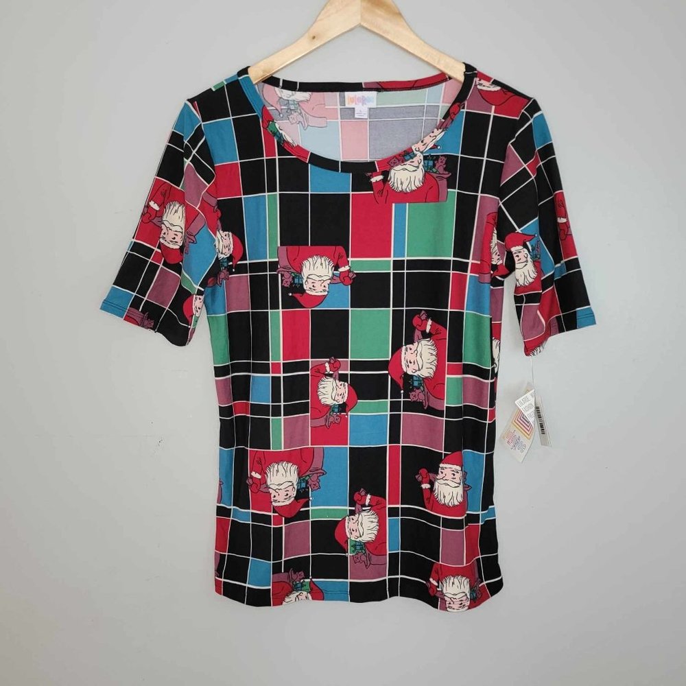 LulaRoe Santa Claus Holiday Christmas Gigi Short Sleeve Fitted Shirt Size L NWT